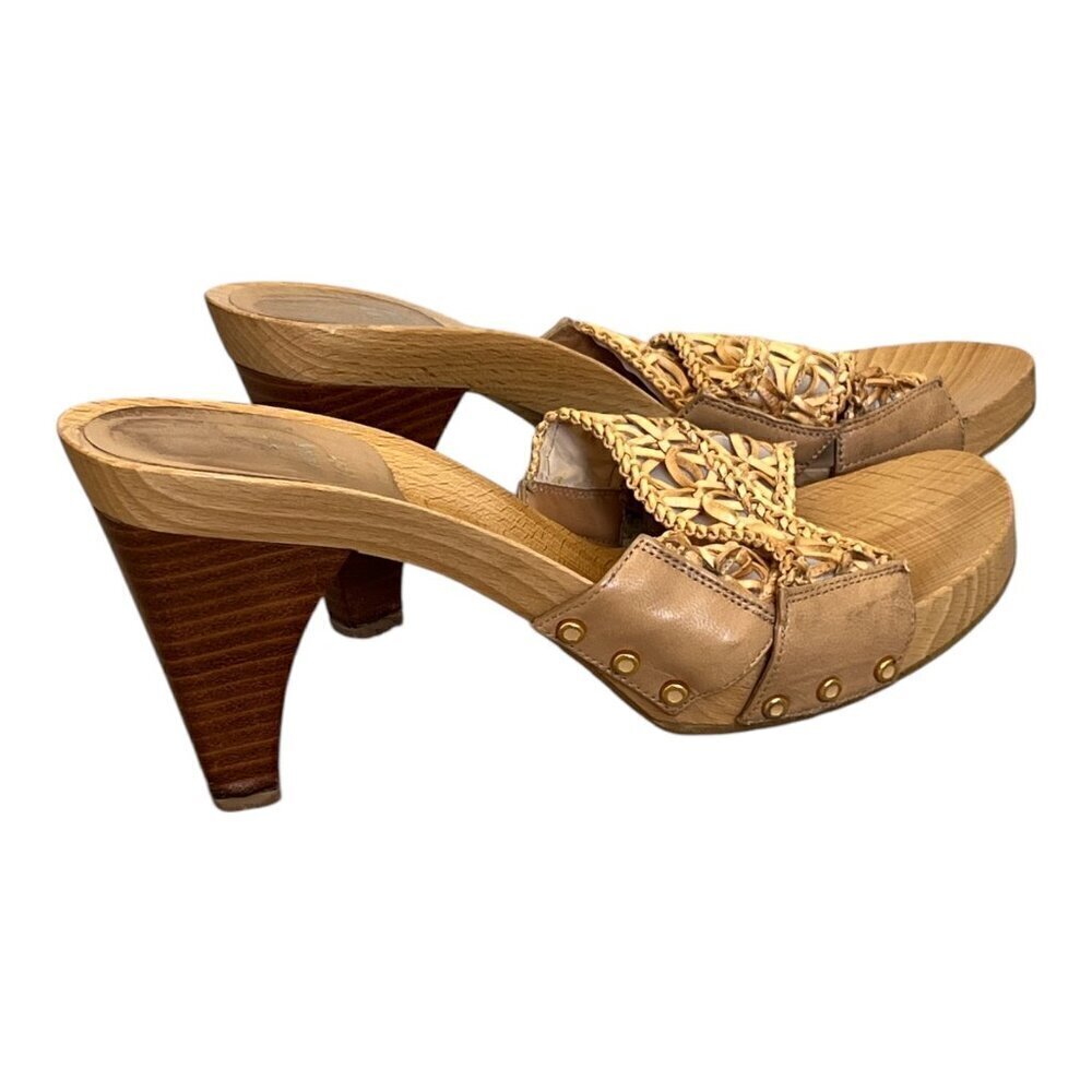 Stuart Weitzman Woven Leather Slide Sandals Wooden Heel Tan 8M Coastal Resort - Picture 4 of 8